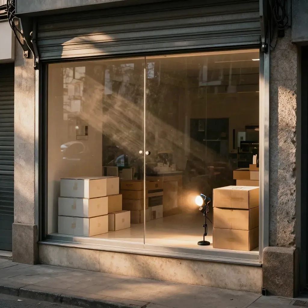 Escaparate de barrio con cajas neutras, móvil apagado y foco de prueba bajo luz cálida de tarde.