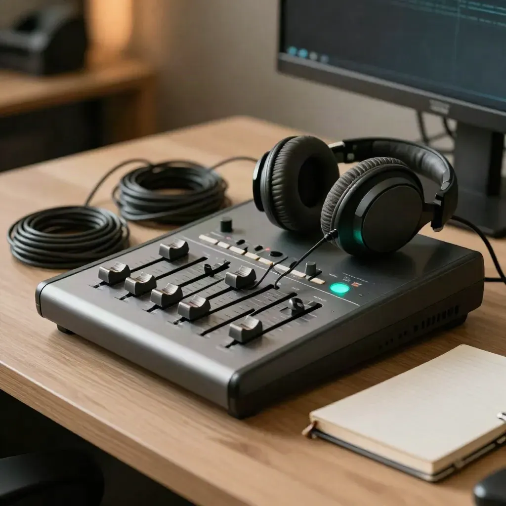 Consola de audio, auriculares y cables sobre madera clara con luz cálida.